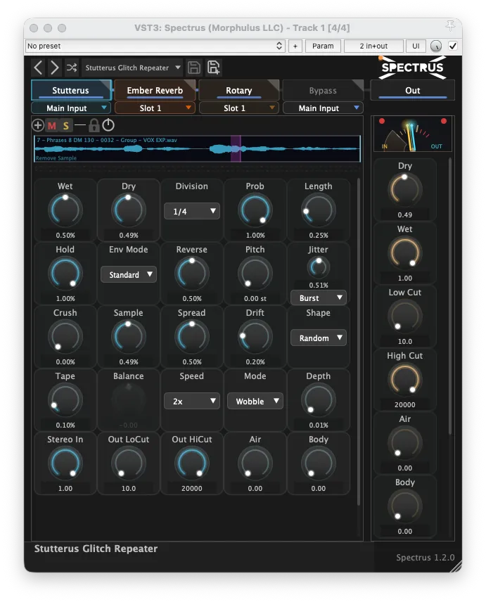 Spectrus Stutterus Glitch Repeater detail view in the dark theme with Ember Reverb and Rotary slots