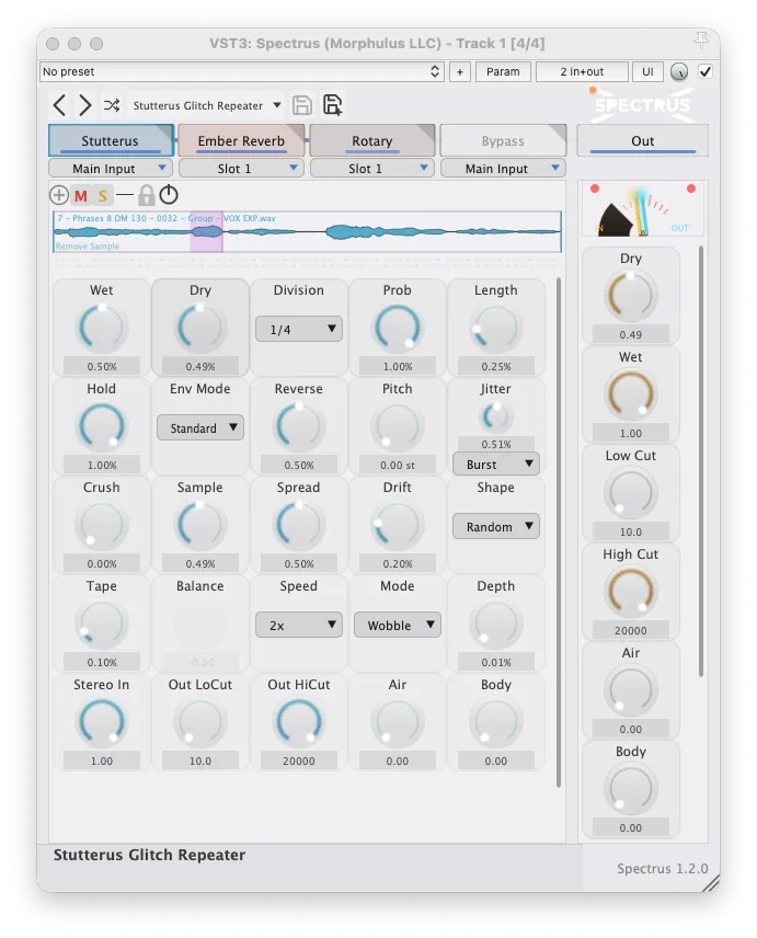 Spectrus Stutterus Glitch Repeater detail view in the light theme with Ember Reverb and Rotary slots