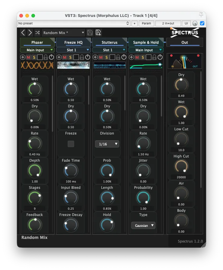 Spectrus 4-slot compact view in the dark theme with Phaser, Freeze HQ, Stutterus, and Sample & Hold