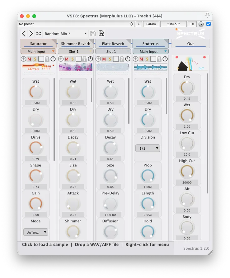 Spectrus 4-slot compact view in the light theme with Saturator, Shimmer Reverb, Plate Reverb, and Stutterus