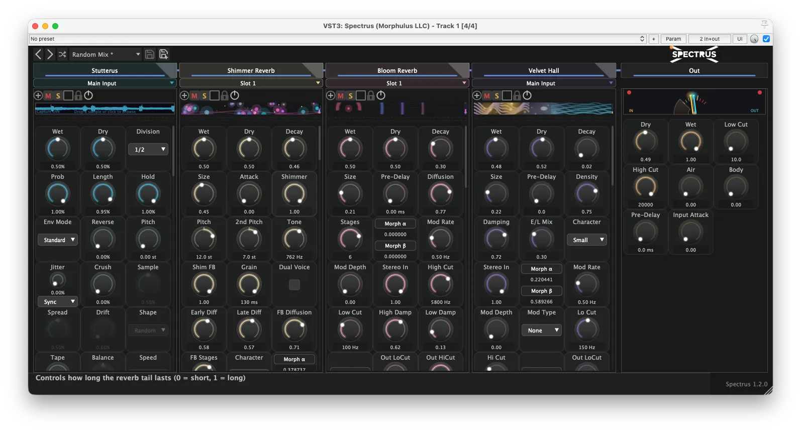 Spectrus wide 4-slot view in the dark theme with Stutterus, Shimmer Reverb, Bloom Reverb, and Velvet Hall
