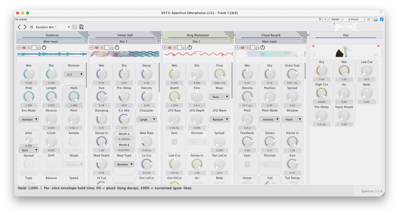 Spectrus wide 4-slot view in the light theme with Stutterus, Velvet Hall, Ring Modulator, and Cloud Reverb