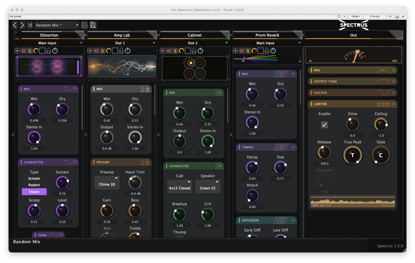 Spectrus 1.5.0 in the dark theme — the new Amp & Drive category filling the rack: Distortion, Amp Lab, and Cabinet feeding Prism Reverb, with the new grouped control layouts and pedal, tube, and speaker visualisers across the slots