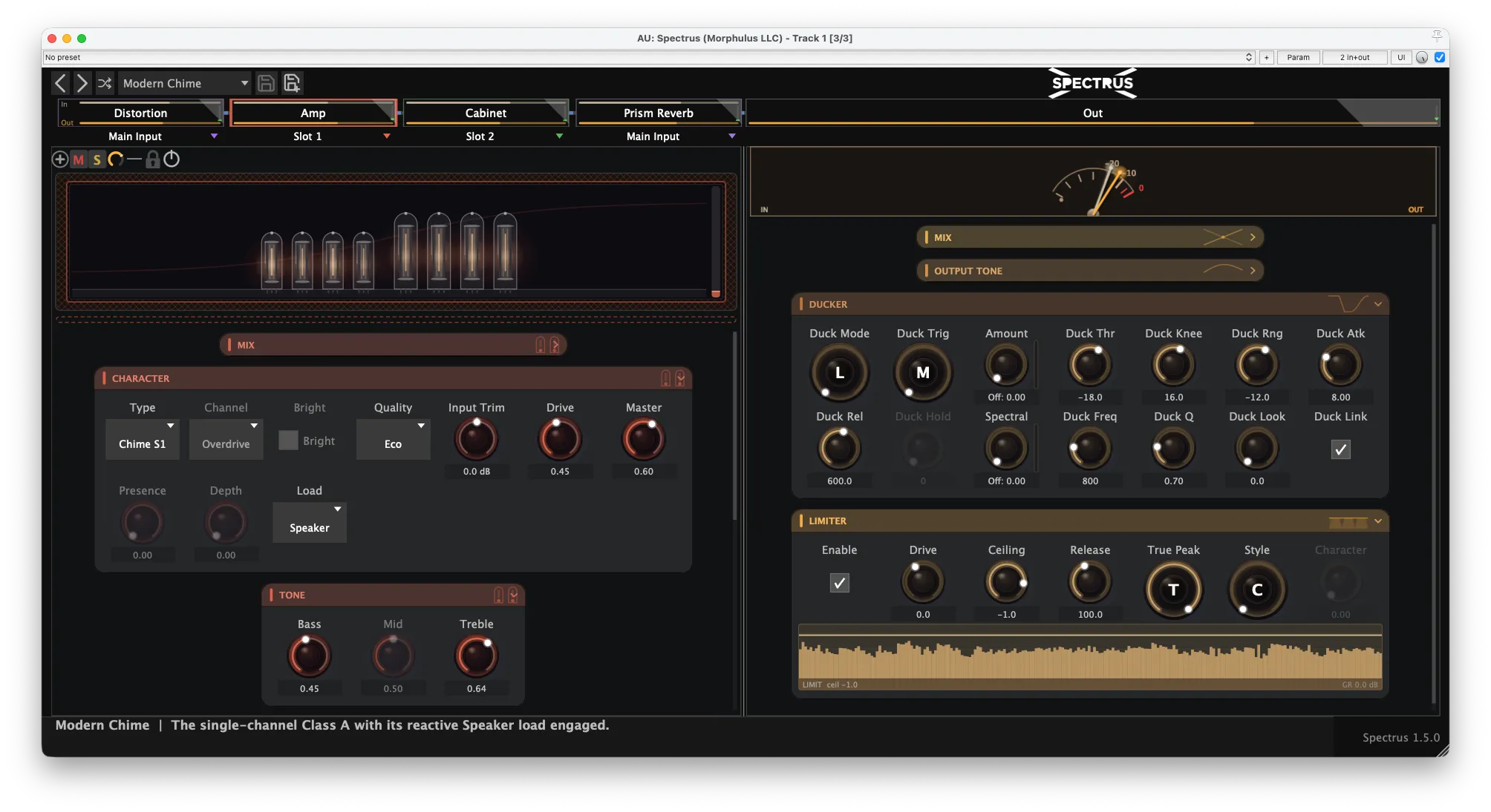 Spectrus 1.5.0 in the dark theme — the new Amp module expanded full-width with its glowing tube-stage visualiser, beside the Master strip's Ducker and Limiter panels fully opened