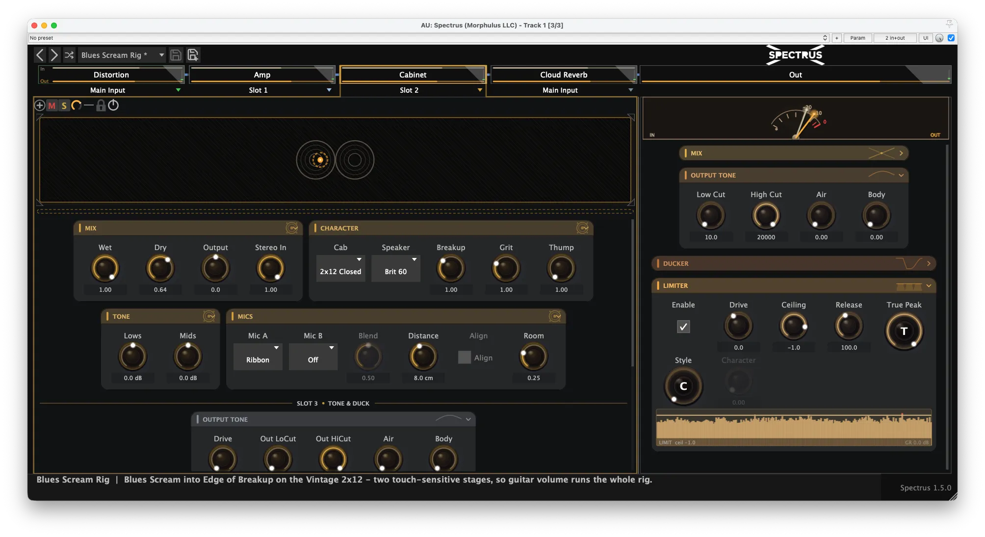 Spectrus 1.5.0 in the dark theme — the new Cabinet module expanded with its two-mic speaker pad, cab and speaker selectors, and dual-mic controls, in a Distortion into Amp into Cabinet rig ending in Cloud Reverb
