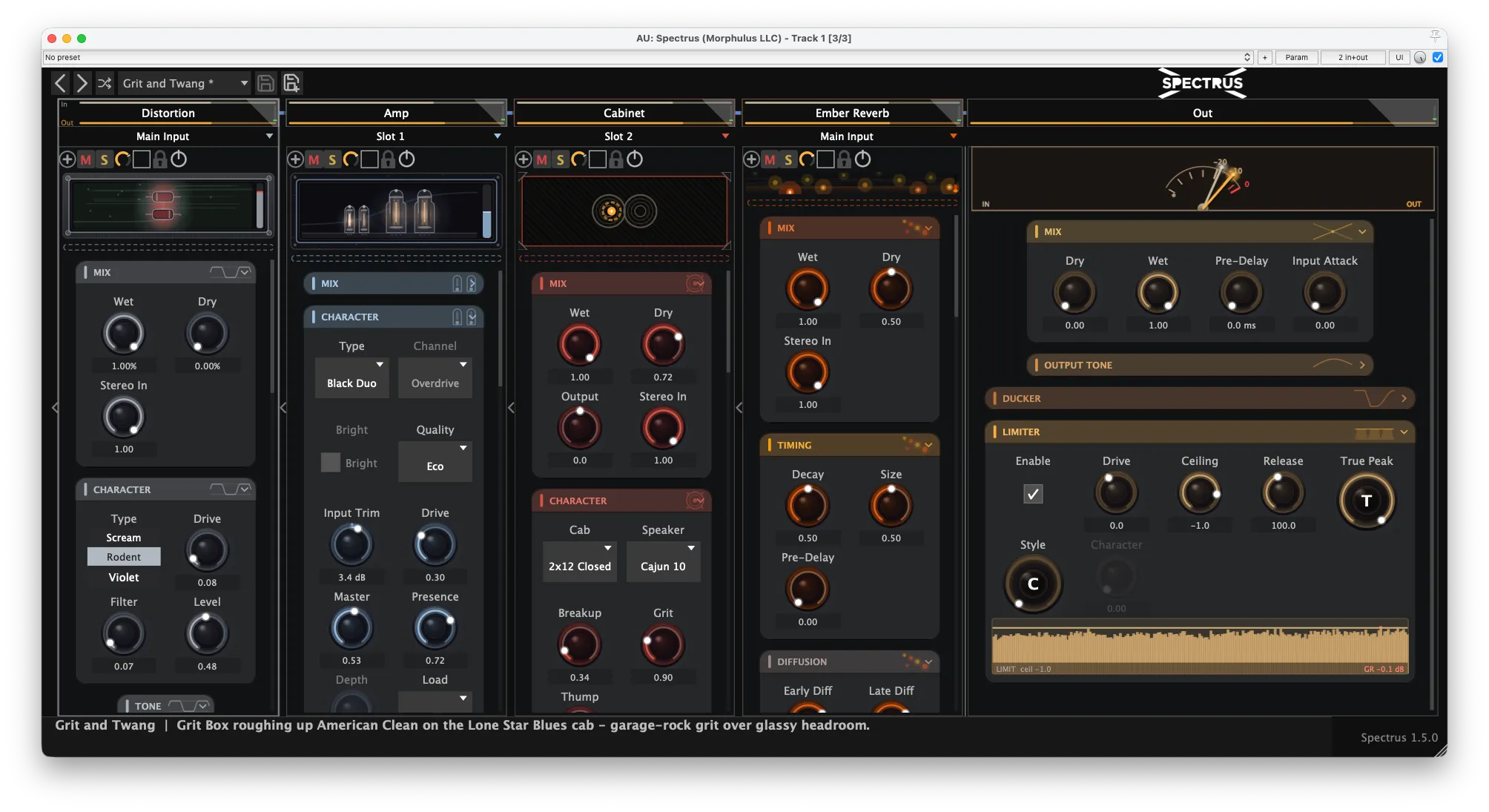 Spectrus 1.5.0 in the dark theme — a full guitar rig across the four slots: Distortion, Amp, Cabinet, and Ember Reverb, each with the new grouped control layout and per-slot visualiser