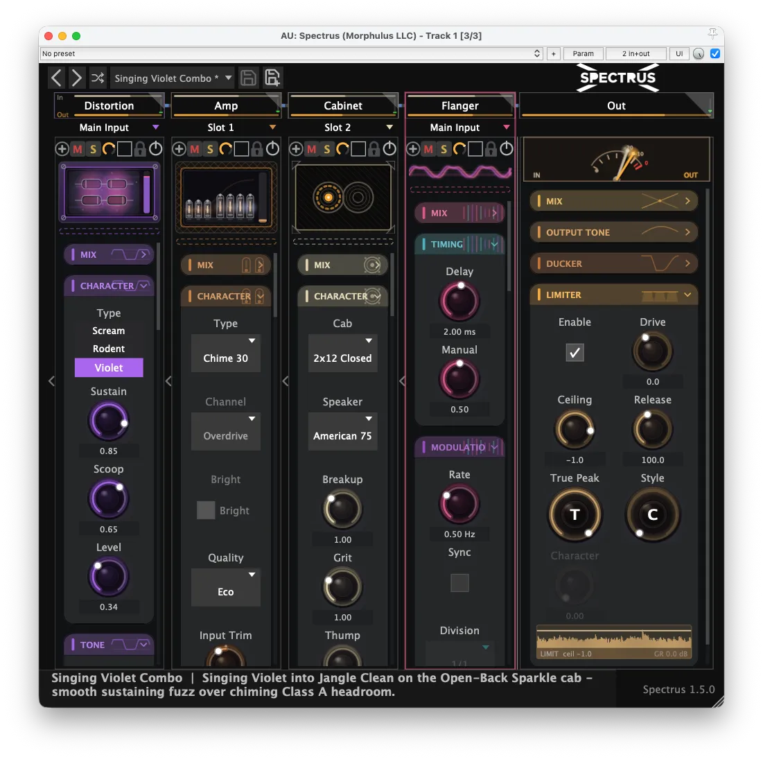 Spectrus 1.5.0 in the dark theme — the new collapsible layout at a narrow window width with Distortion, Amp, Cabinet, and Flanger side by side, each slot showing its live visualiser strip