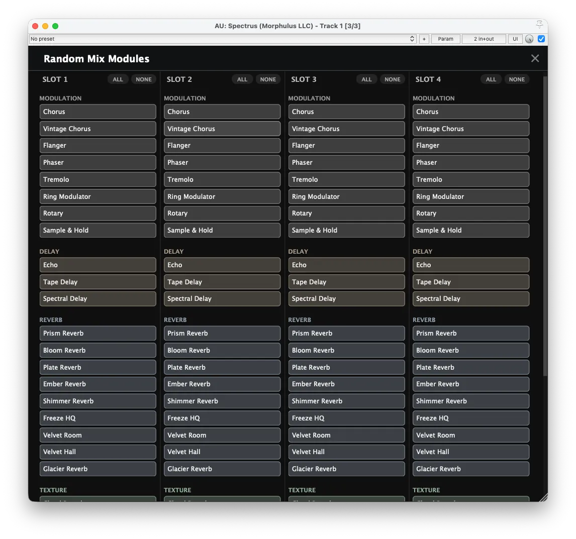 Spectrus 1.5.0 — the Random Mix Modules panel, choosing per-slot which of the 28 effects each of the four slots may draw from when randomising