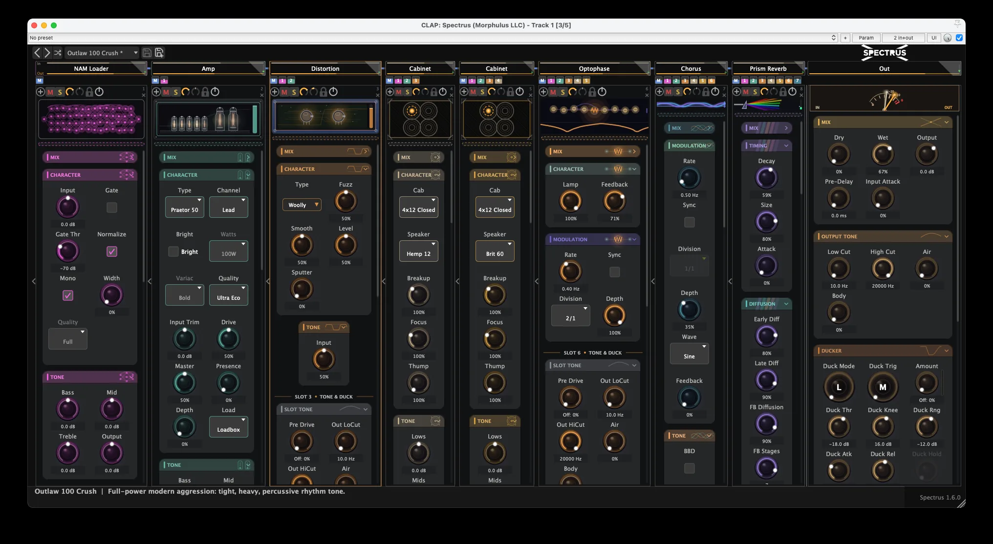 Spectrus 1.6.0 in the dark theme &mdash; all eight slots loaded: NAM Loader, Amp, Distortion, two Cabinets, the new Optophase, Chorus, and Prism Reverb, each header carrying its row of input squares that show which earlier slots feed it