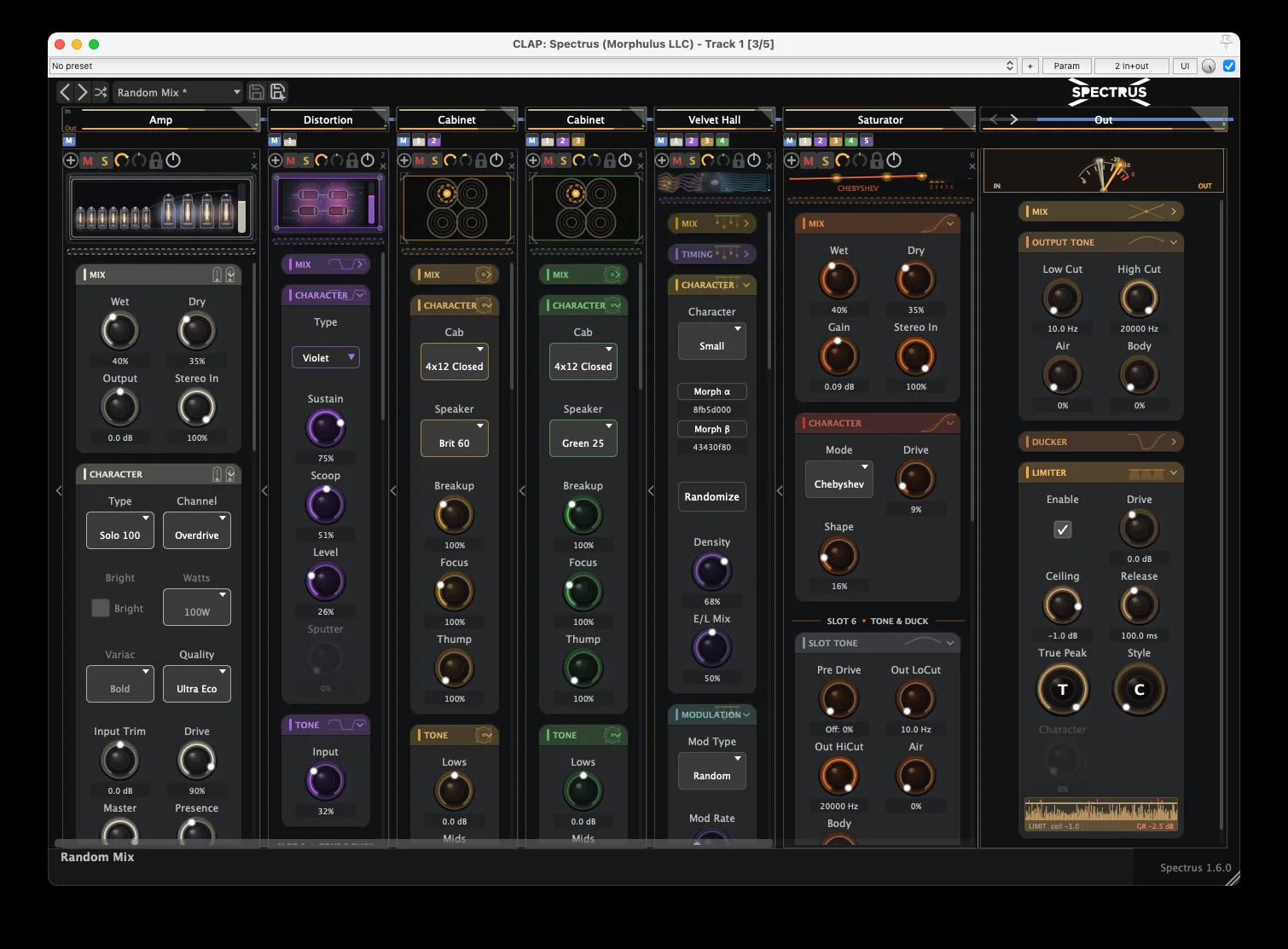 Spectrus 1.6.0 in the dark theme &mdash; a six-slot rig of Amp, Distortion, two Cabinets, Velvet Hall, and Saturator, with the Master Limiter engaged and its gain-reduction meter running