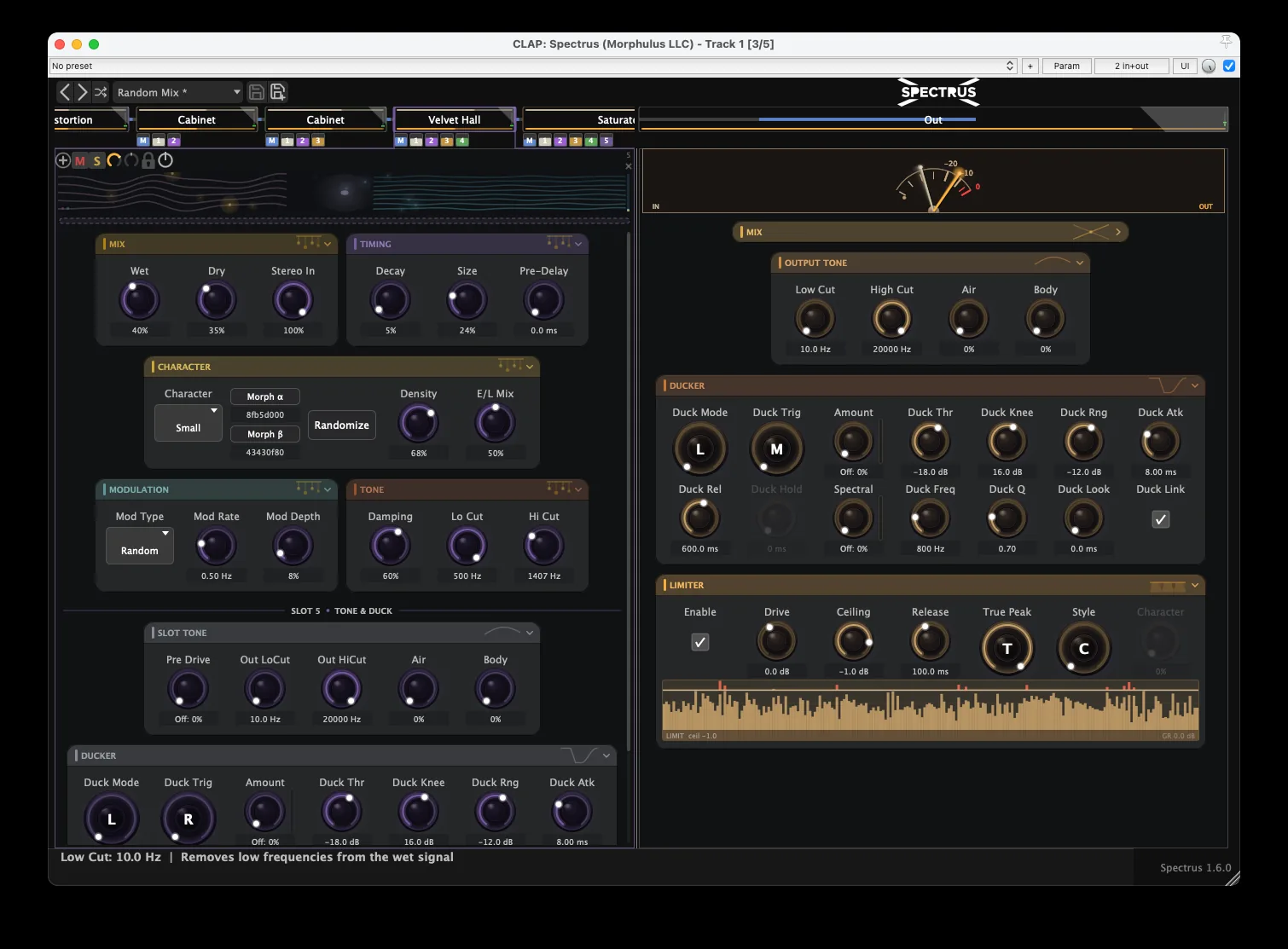 Spectrus 1.6.0 in the dark theme &mdash; Velvet Hall expanded full-width with its Slot Tone and Ducker sections, beside the Master strip's Output Tone, Ducker, and Limiter panels fully opened
