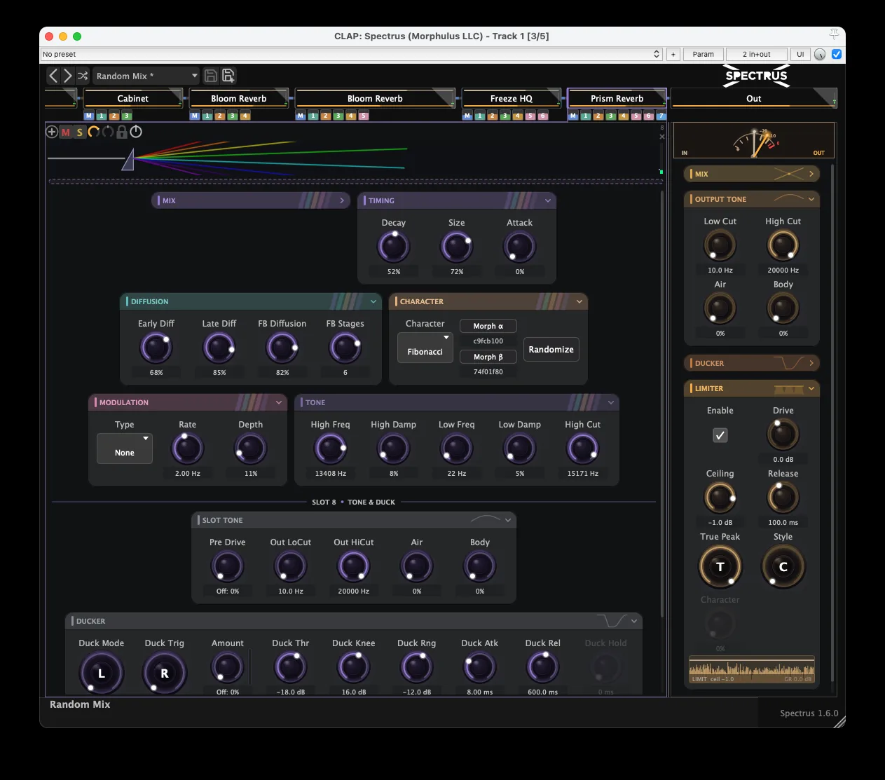 Spectrus 1.6.0 in the dark theme &mdash; Prism Reverb expanded in slot 8 at the end of an eight-slot chain, showing its Fibonacci character with Morph seeds and the Randomize button