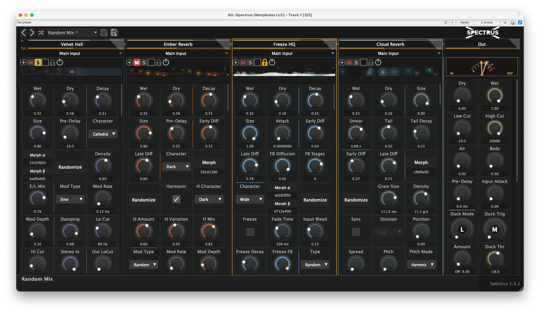 Spectrus 1.3.1 in the dark theme — Velvet Hall, Ember Reverb, Freeze HQ, and Cloud Reverb across the four slots, with the Master strip showing the redesigned open-face VU meter and the Ducker's live gain-reduction meters