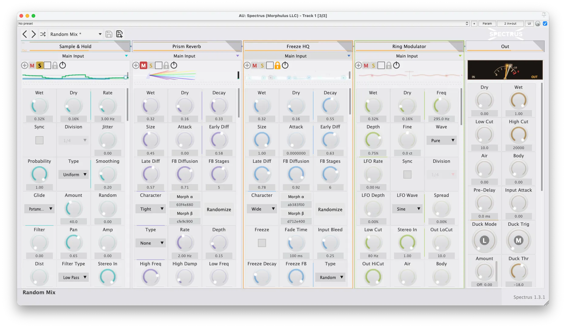 Spectrus 1.3.1 in the light theme — Sample & Hold, Prism Reverb, Freeze HQ, and Ring Modulator across the four slots, with the Master strip showing per-slot input/output meters and the redesigned Master VU