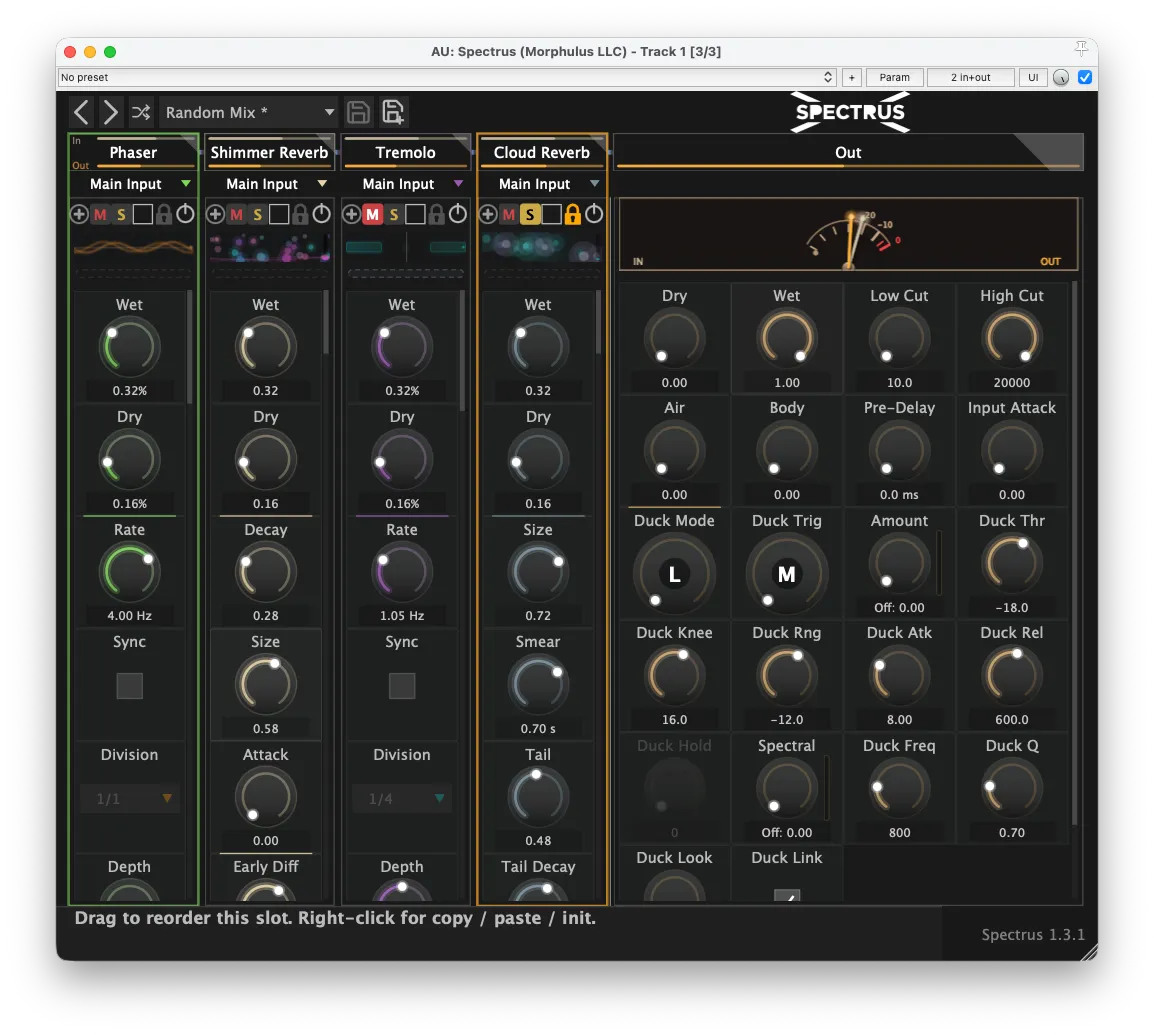 Spectrus 1.3.1 in the dark theme — the Master strip expanded full-width to show the complete Ducker control row, including the new Knee control and live gain-reduction meters, alongside Phaser, Shimmer Reverb, Tremolo, and Cloud Reverb