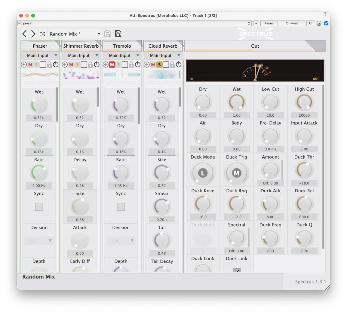 Spectrus 1.3.1 in the light theme — the Master strip expanded full-width showing the full Ducker control row with the new Knee control and gain-reduction meters, alongside Phaser, Shimmer Reverb, Tremolo, and Cloud Reverb