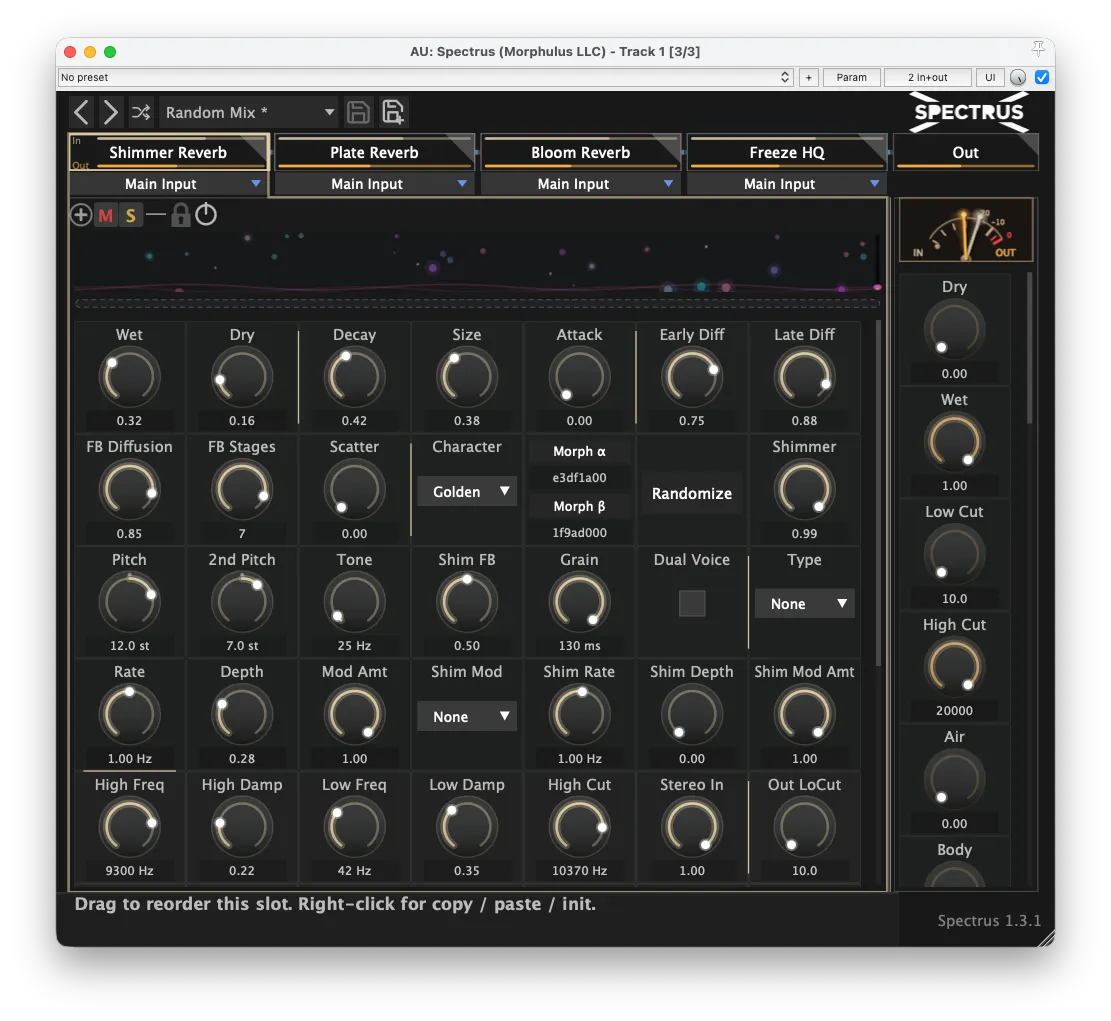 Spectrus 1.3.1 in the dark theme — Shimmer Reverb expanded full-width showing the new Scatter control, alongside Plate Reverb, Bloom Reverb, and Freeze HQ
