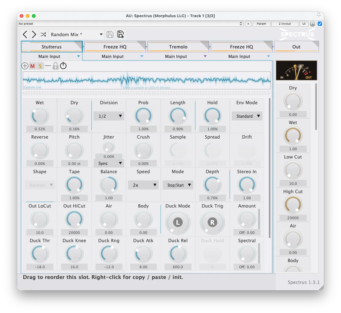 Spectrus 1.3.1 in the light theme — Stutterus expanded full-width with its live-capture waveform, alongside Freeze HQ and Tremolo, plus the Master strip