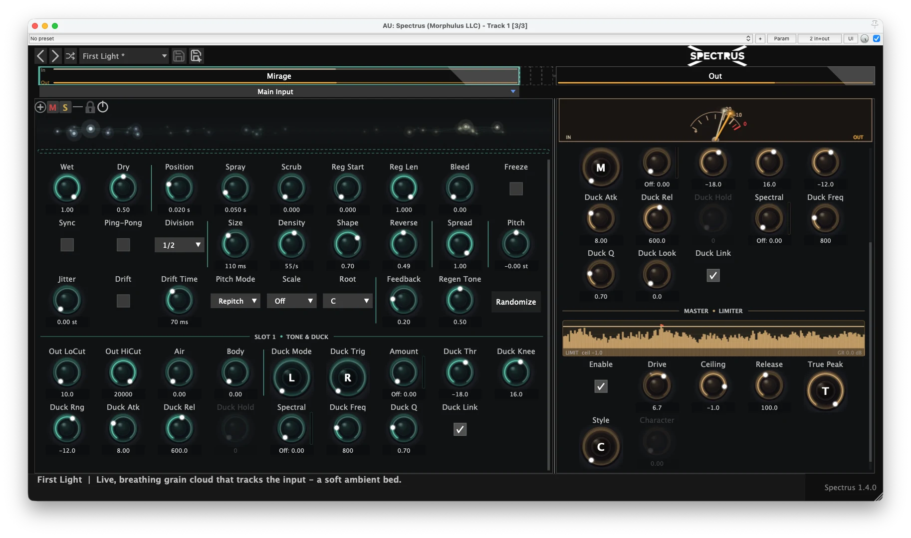 Spectrus 1.4.0 in the dark theme — the new Mirage granular pitch-cloud expanded full-width with its grain-cloud visualiser, beside the Master strip's Ducker and the new Master Limiter