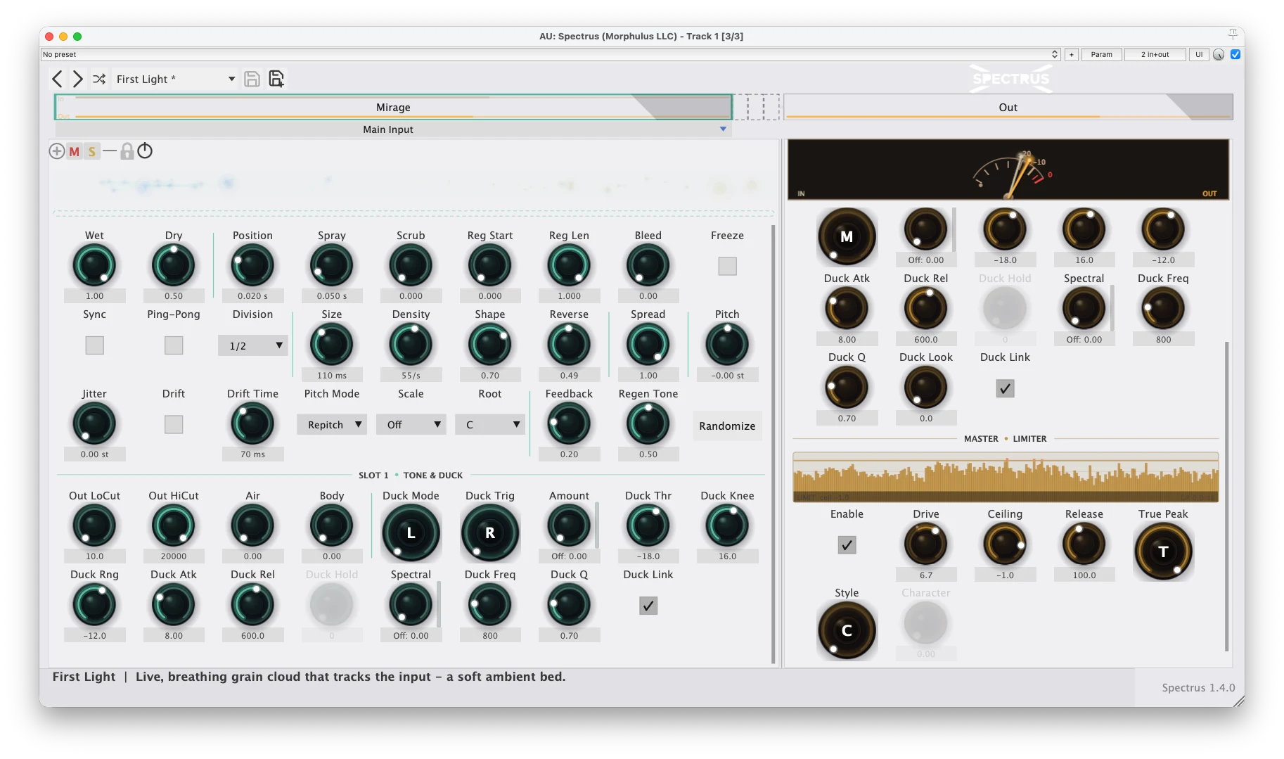 Spectrus 1.4.0 in the light theme — the Mirage granular pitch-cloud expanded full-width with its living grain visualiser, alongside the Master strip's Ducker and Master Limiter