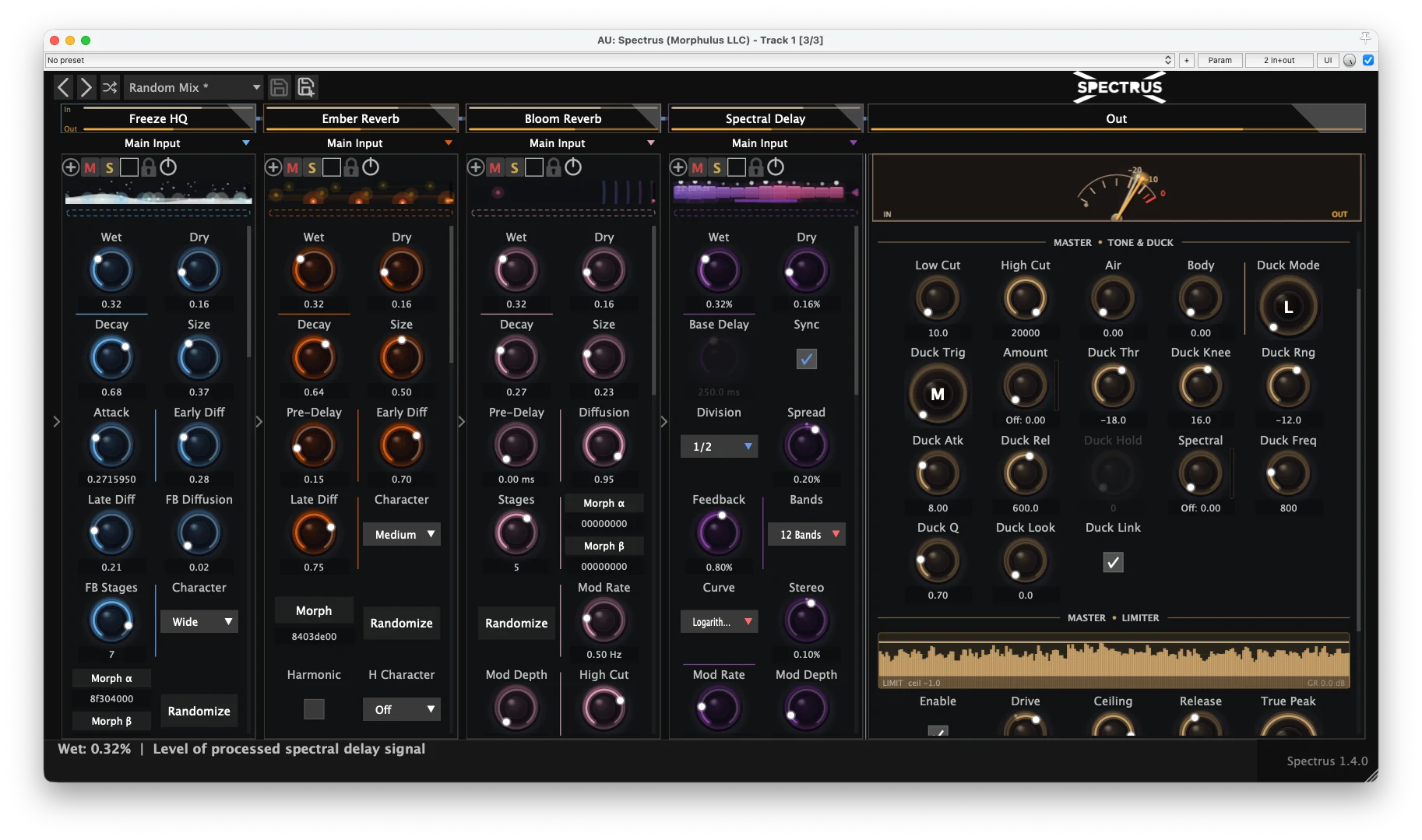 Spectrus 1.4.0 in the dark theme — Freeze HQ, Ember, Bloom, and Spectral Delay across the four slots, with the Master strip expanded to show the new TONE & DUCK band and the Master Limiter's output meter