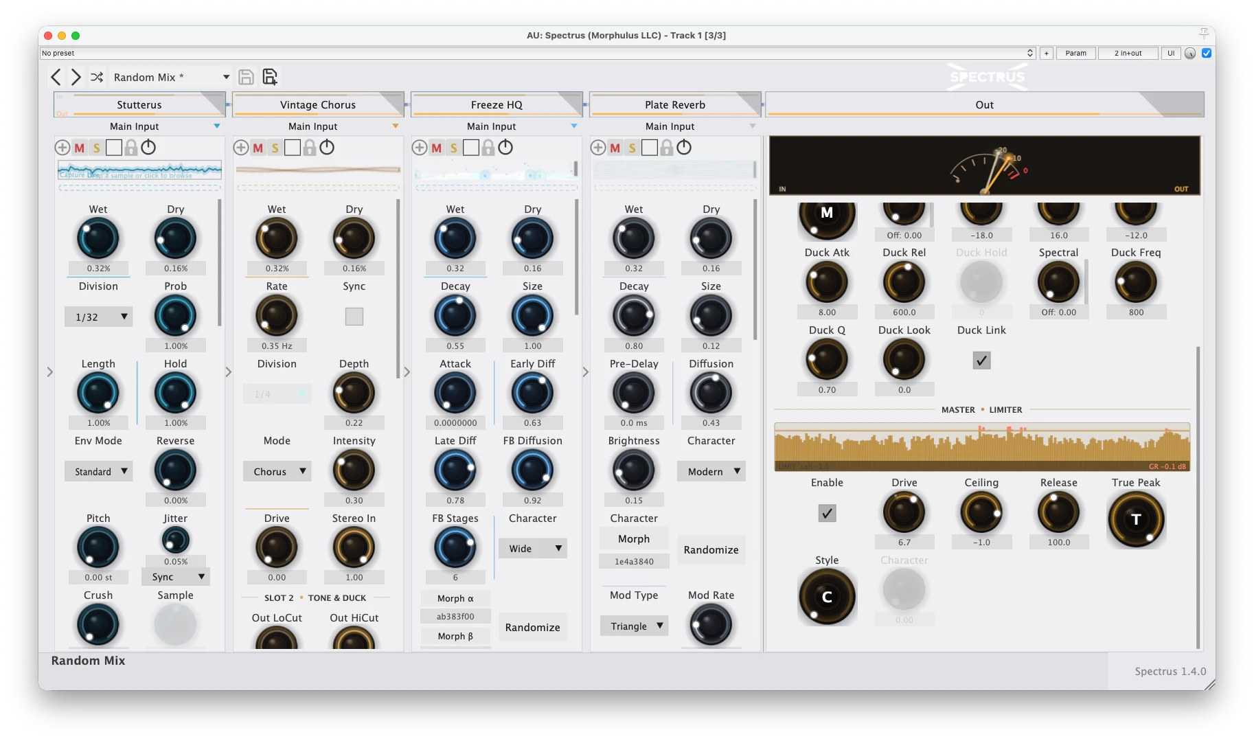 Spectrus 1.4.0 in the light theme — Stutterus with its live-capture waveform plus Vintage Chorus, Freeze HQ, and Plate Reverb across the four slots, with the Master Limiter engaged