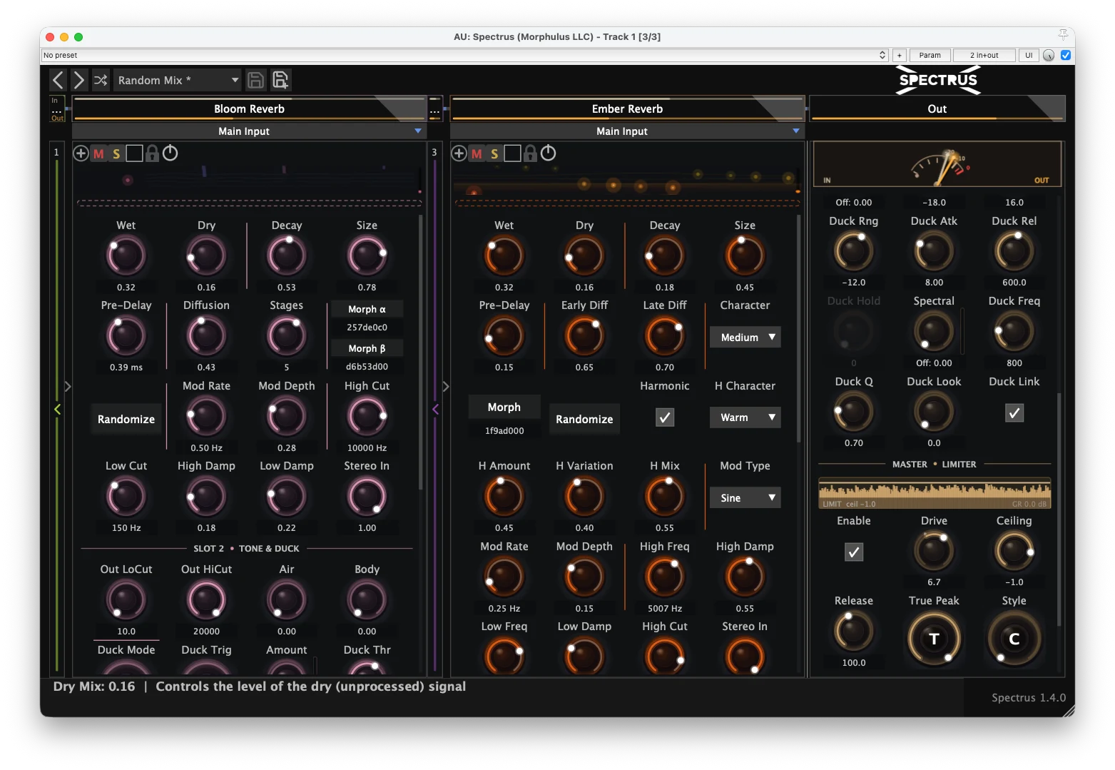 Spectrus 1.4.0 in the dark theme — the new collapsible slot layout at a narrower window width, with a slot collapsed to a strip beside Bloom and Ember reverbs and the Master Limiter