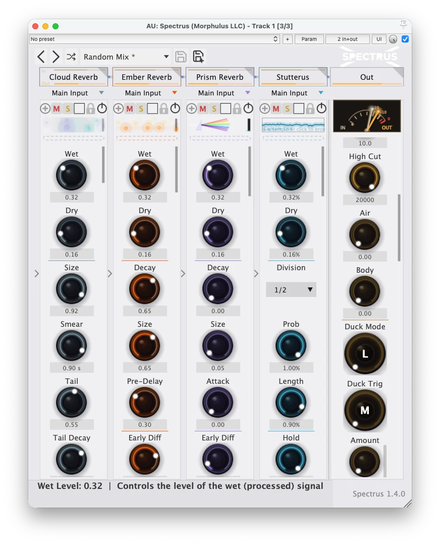 Spectrus 1.4.0 in the light theme — a compact narrow rack of Cloud Reverb, Ember, Prism, and Stutterus (Cloud Reverb and Stutterus now grouped under the new Texture category), beside the Master strip