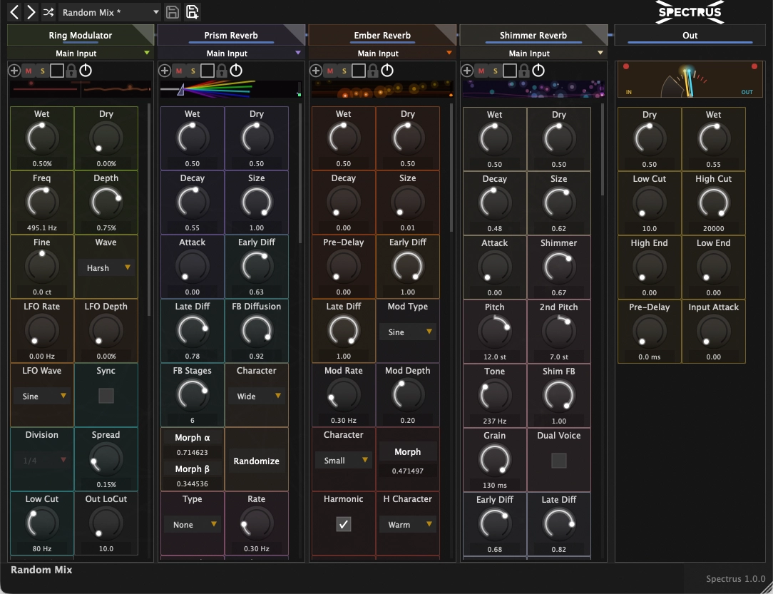 Spectrus plugin wide overview showing effect controls and 4-slot architecture
