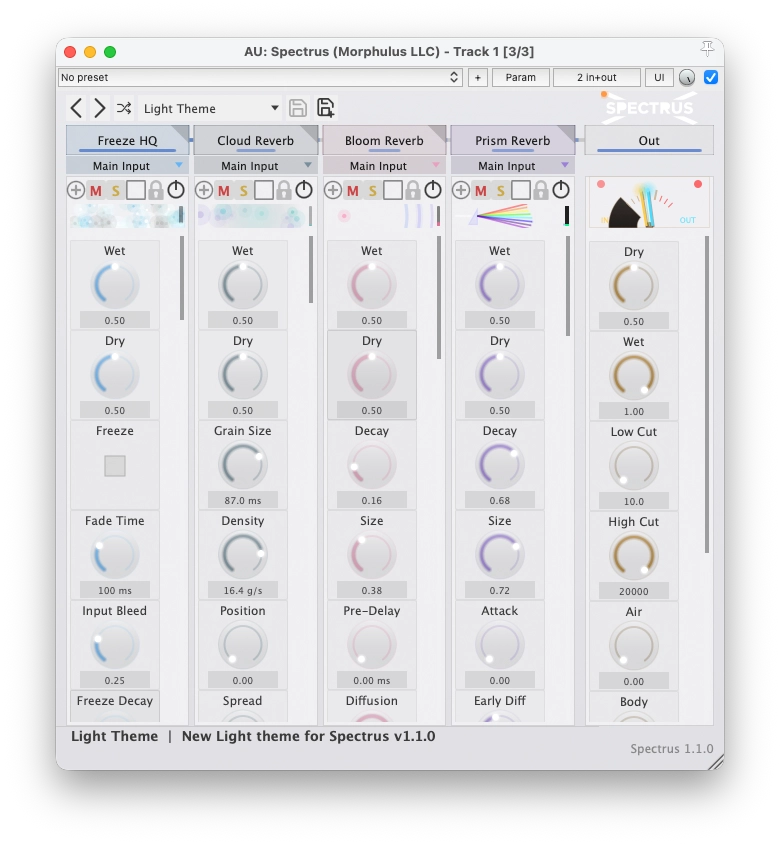 Spectrus plugin light theme overview with Freeze, Cloud Reverb, Bloom, and Prism slots