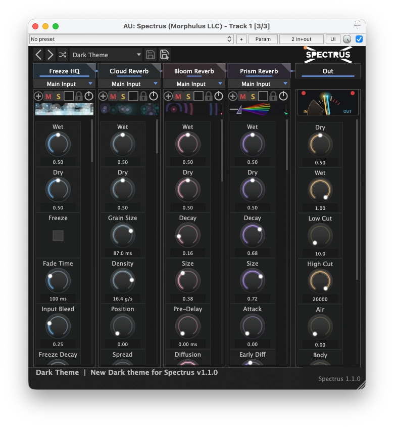 Spectrus plugin dark theme overview with Freeze, Cloud Reverb, Bloom, and Prism slots