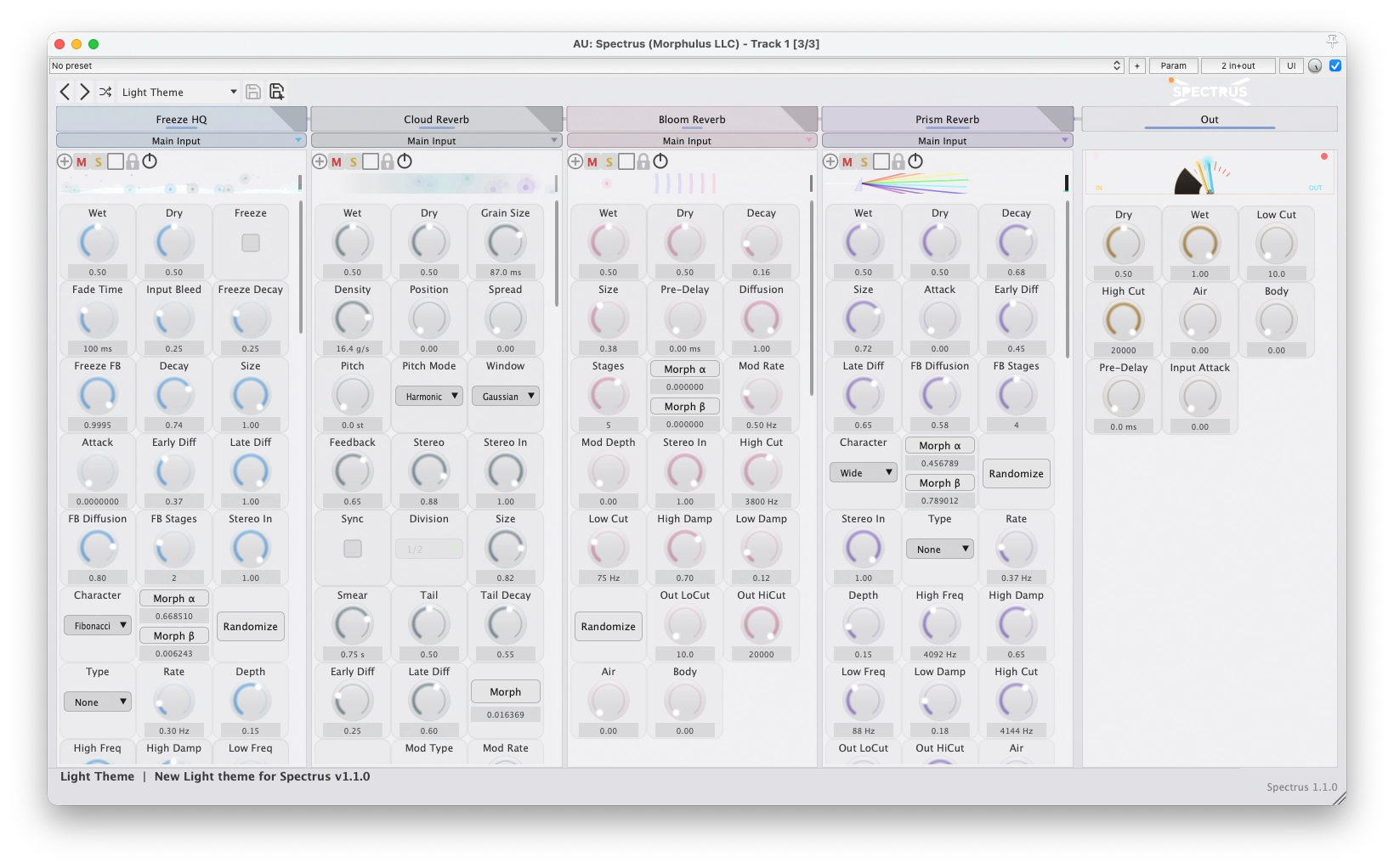 Spectrus plugin wide overview showing effect controls and 4-slot architecture in the light theme