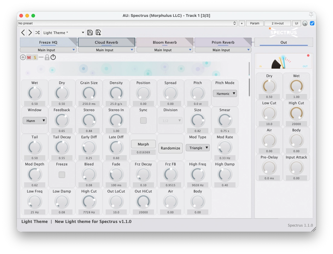 Spectrus Cloud Reverb module close-up in the light theme