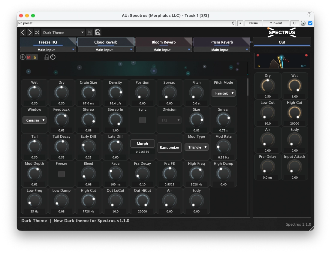 Spectrus Cloud Reverb module close-up in the dark theme