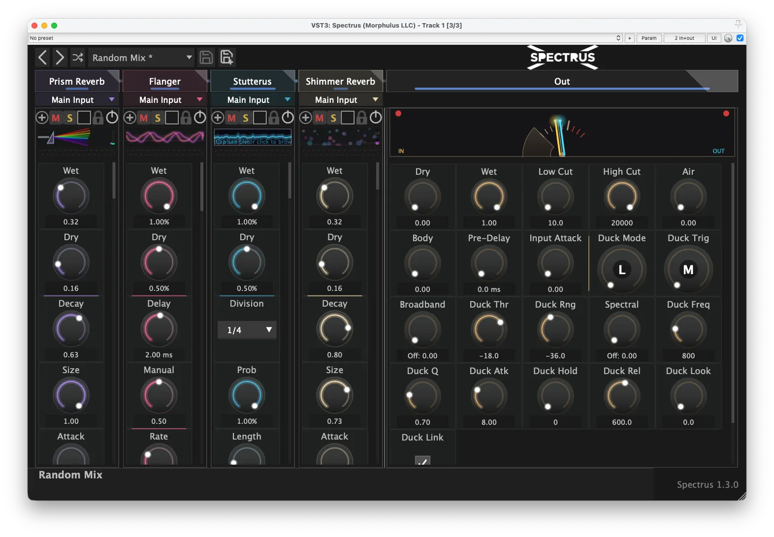 Spectrus 1.3.0 in the dark theme — Prism Reverb, Flanger, Stutterus, and Shimmer Reverb across the four slots, plus the expanded Master strip showing the full Ducker control row