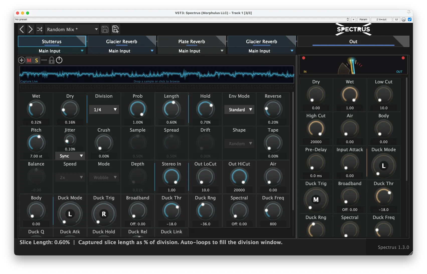 Spectrus 1.3.0 in the dark theme — Stutterus expanded full-width with its capture waveform, alongside the expanded Master strip and Ducker