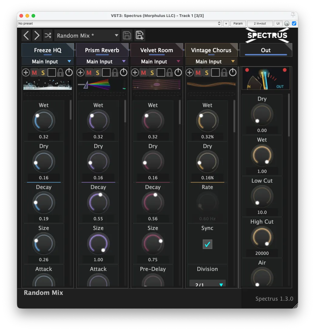Spectrus 1.3.0 in the dark theme — compact 4-slot view with Freeze HQ, Prism Reverb, Velvet Room, and Vintage Chorus