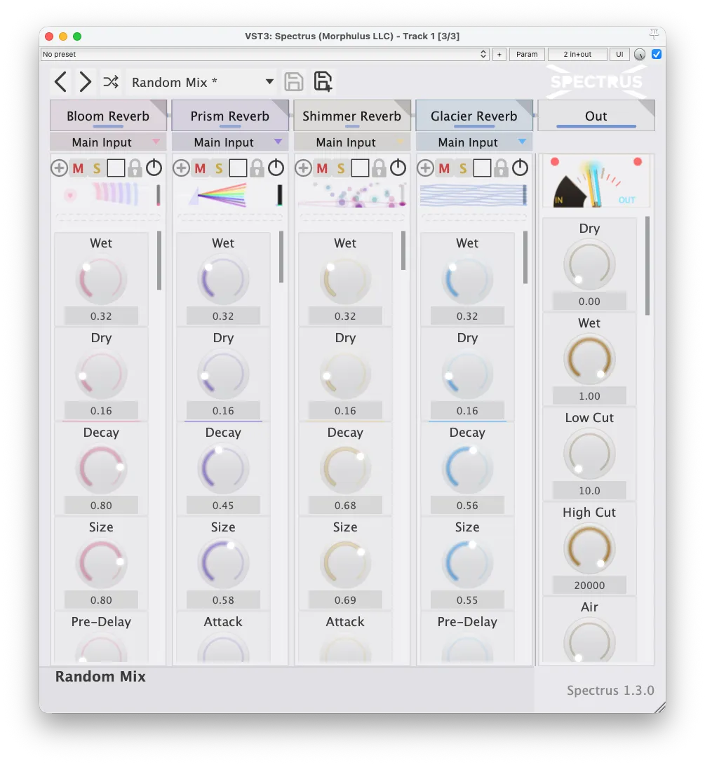 Spectrus 1.3.0 in the light theme — compact 4-slot view with Bloom Reverb, Prism Reverb, Shimmer Reverb, and Glacier Reverb